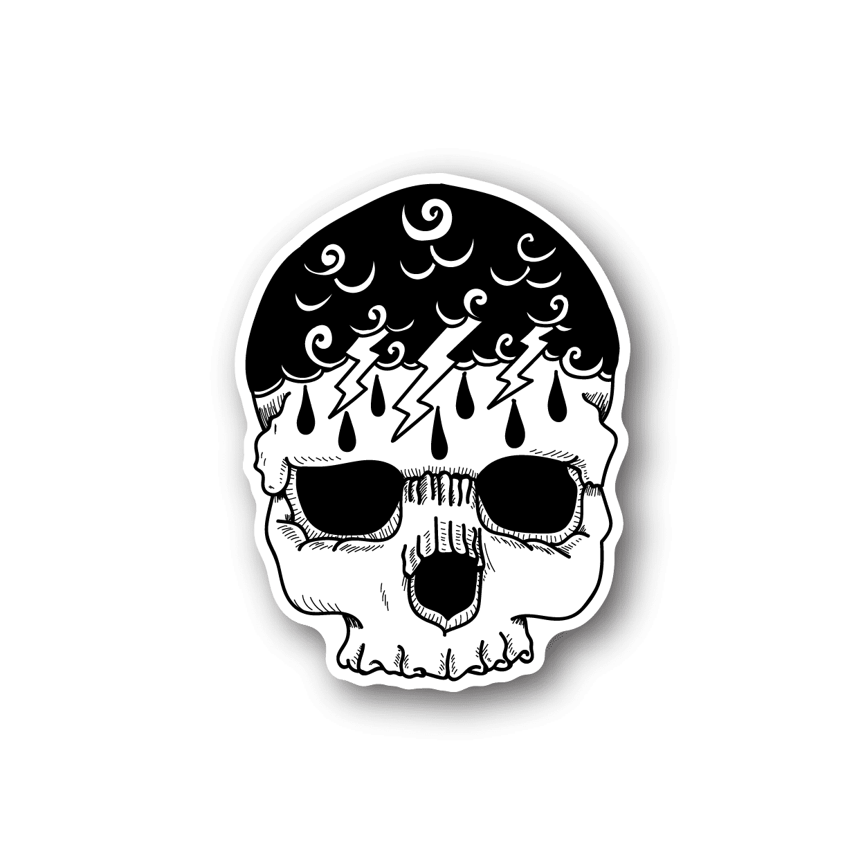 Lightning skull vinyl sticker, white skull with black lightning bolts and teardrop accents