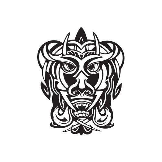 Stylized black-and-white tiki face decal with sharp tribal details