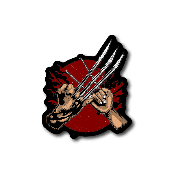Vinyl sticker of two figures holding crossed swords over a red circle
