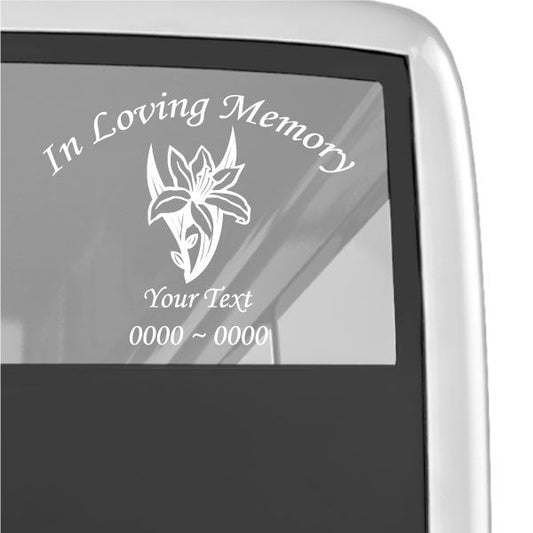 In Loving Memory decal with white floral cross and custom text lines
