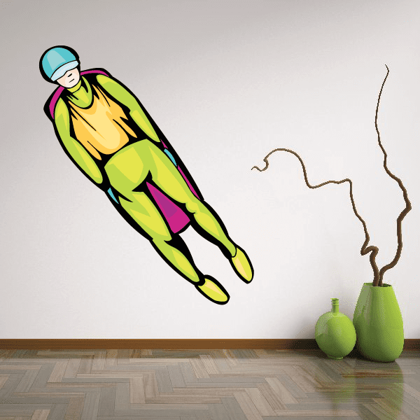 Lime green luge rider die-cut decal with multicolor printed character
