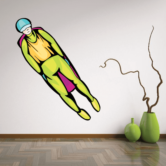 Lime green luge rider die-cut decal with multicolor printed character