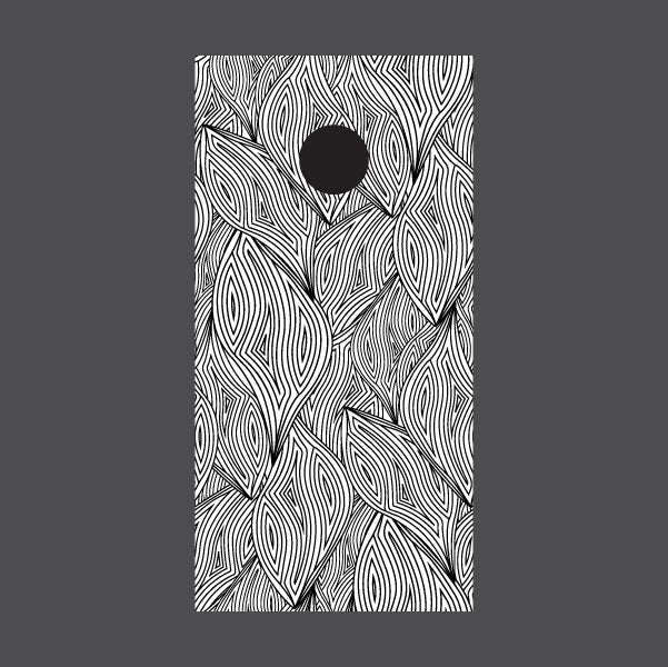 Abstract black and white design with a circular motif on cornhole board wrap