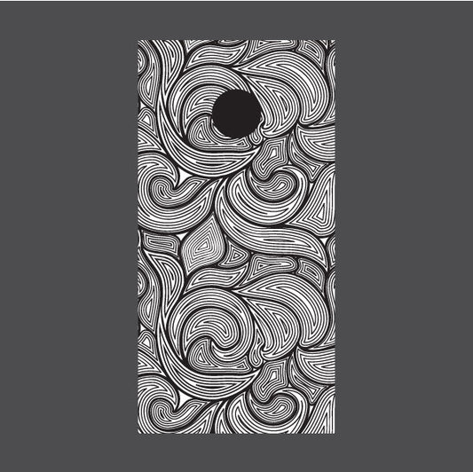Monochrome line art design on cornhole board wrap