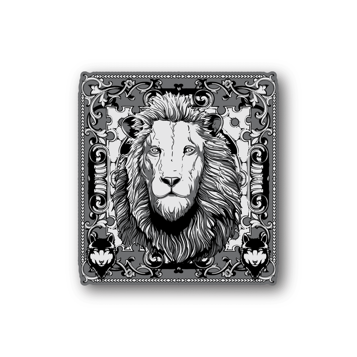 Lion frame vinyl sticker with black-and-white lion head in ornate border
