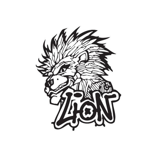 Graffiti lion decal in black and white with roaring face and flame mane