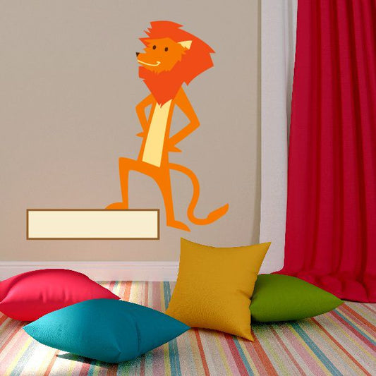 Orange cartoon lion standing on a sign sticker, tail curled and paw on board.