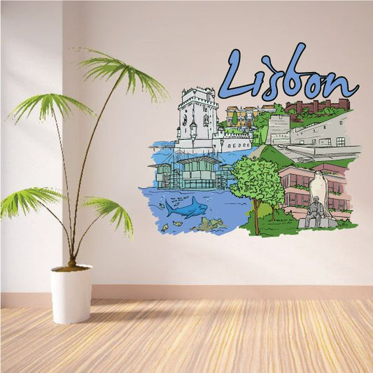 Lisbon sticker with colorful skyline, palm trees, and blue Lisbon lettering