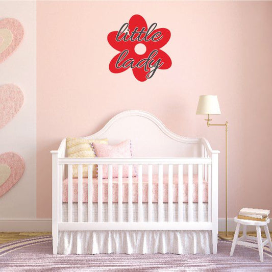 Red 'little lady' wall decal, cursive text