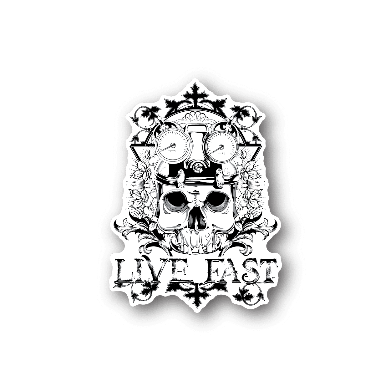 White skull stopwatch vinyl sticker with 'LIVE FAST' text