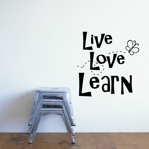 Butterfly wall decal with black 'Live Love Learn' lettering