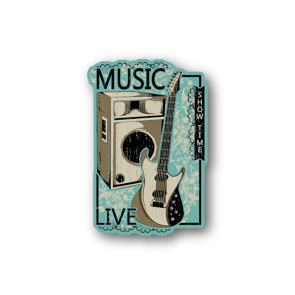 Vinyl music sticker with teal guitar and amp, reads MUSIC and LIVE