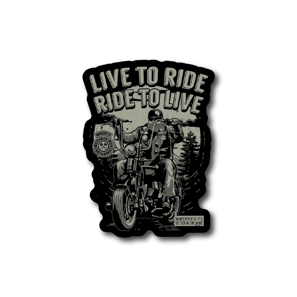 Motorcycle vinyl sticker with rider graphic and “Live to Ride, Ride to Live” text