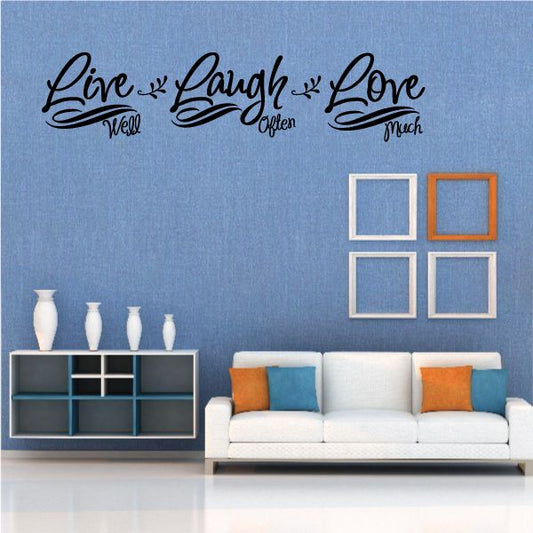 Wall decal with cursive words Live Laugh Love and small accents Well Often Much
