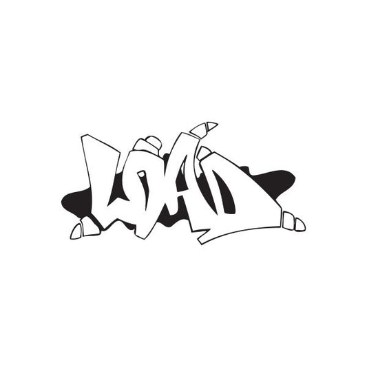 Graffiti decal with layered white and black tag lettering and small shapes