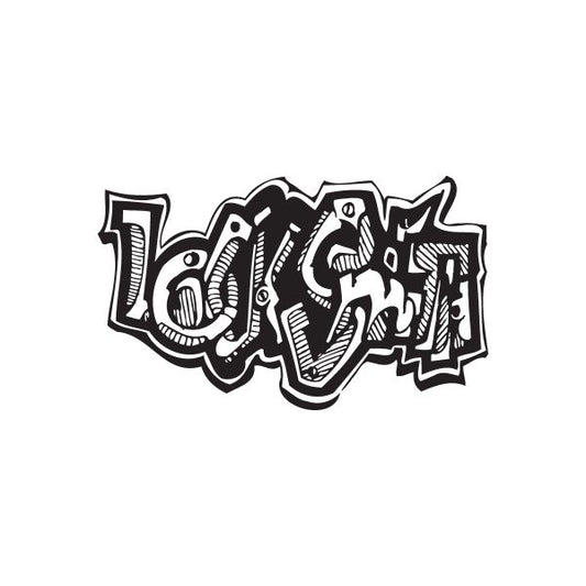 Graffiti-style lettering decal in black and white