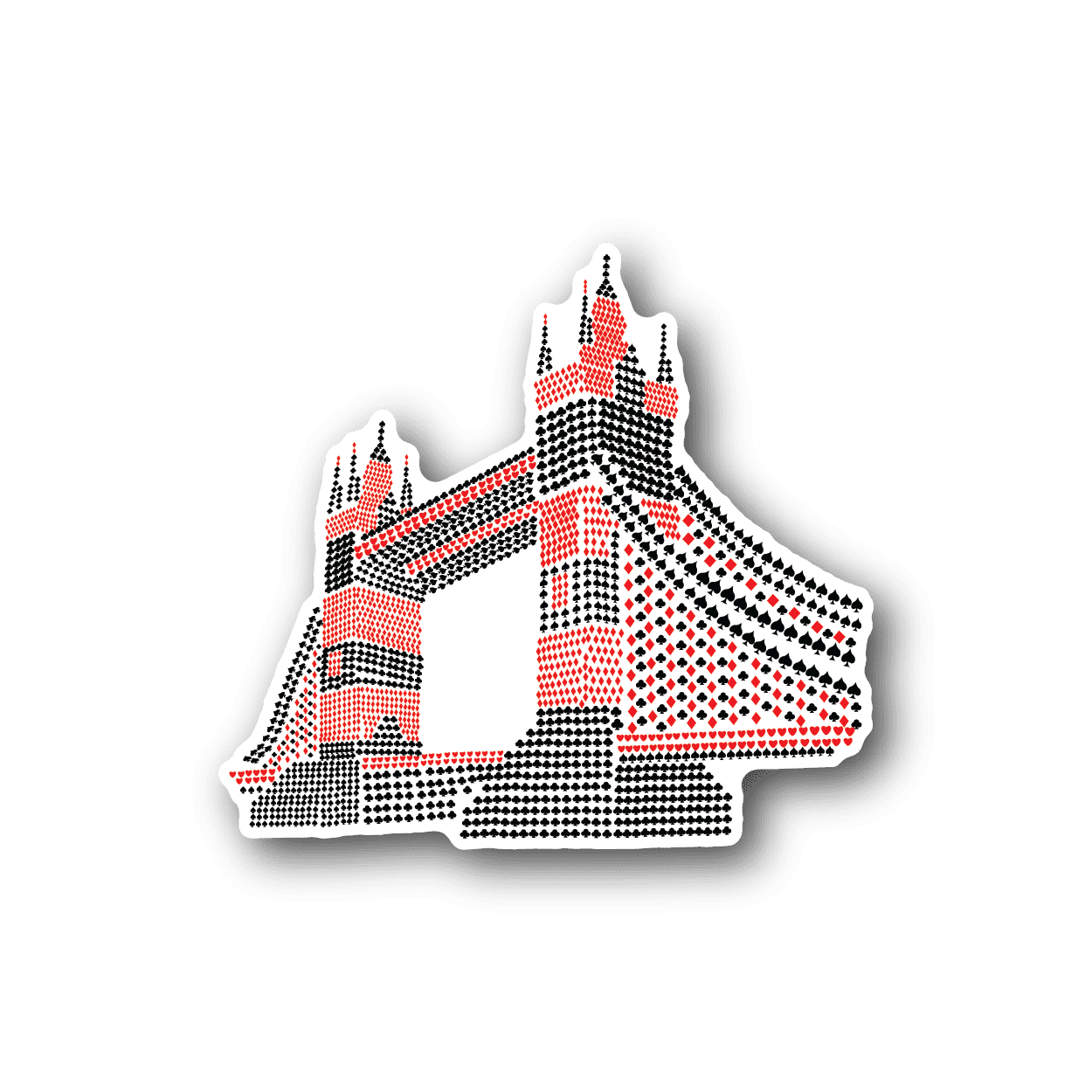 Vinyl bridge deck collage sticker, red and black-and-white checkered tower shapes