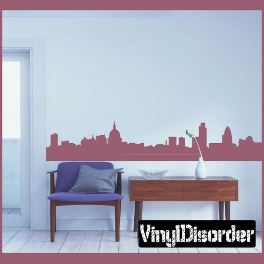 London skyline wall decal with maroon city silhouette and bridge detail