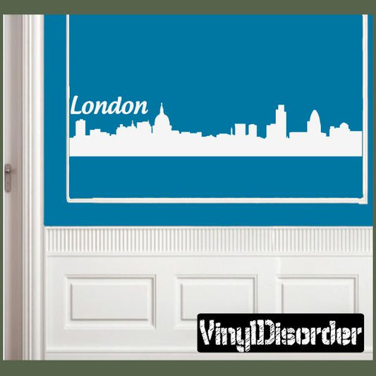 London wall decal with white skyline and 'London' text on blue background