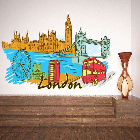 London sticker with colorful skyline, red bus, London text and blue river