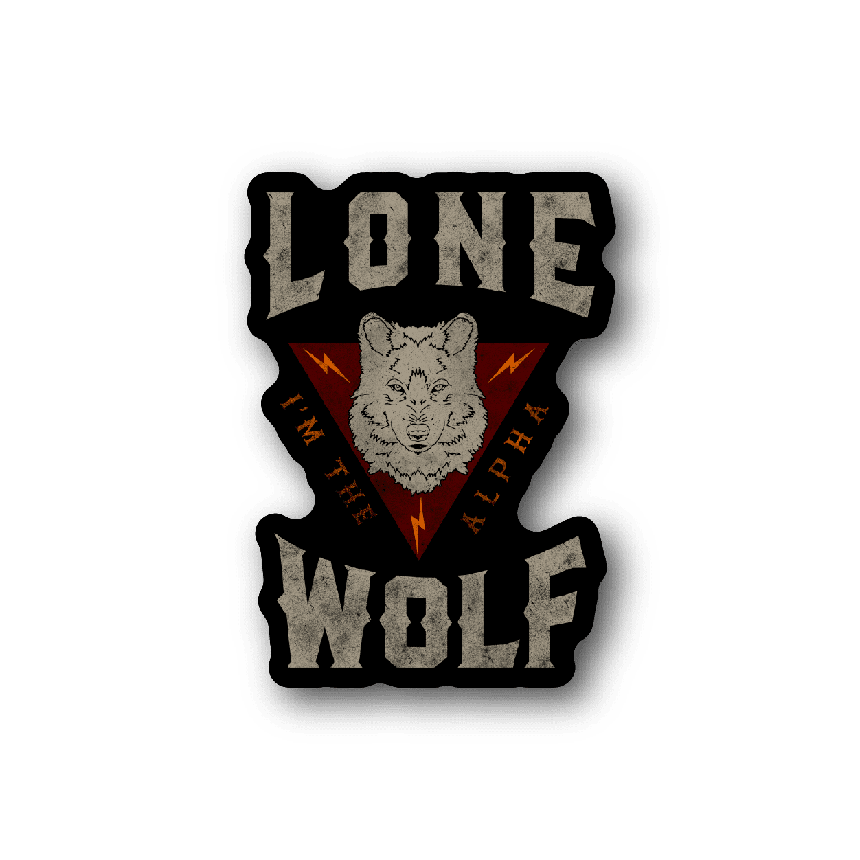 Vinyl sticker with wolf head in red triangle and 'LONE WOLF' text