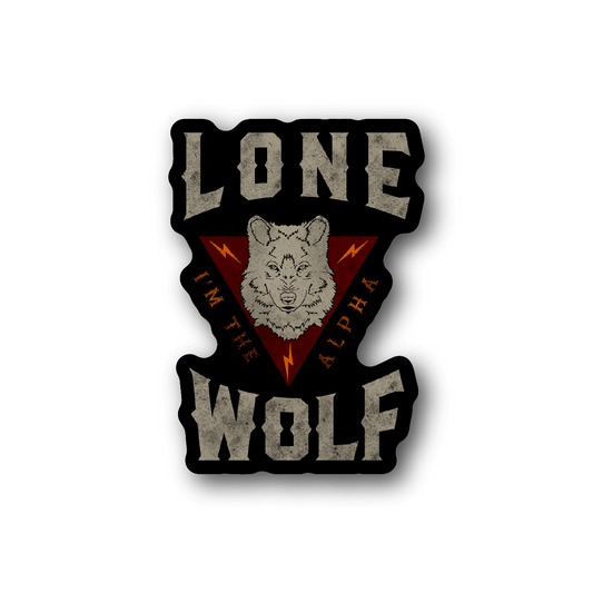 Vinyl sticker with wolf head in red triangle and 'LONE WOLF' text