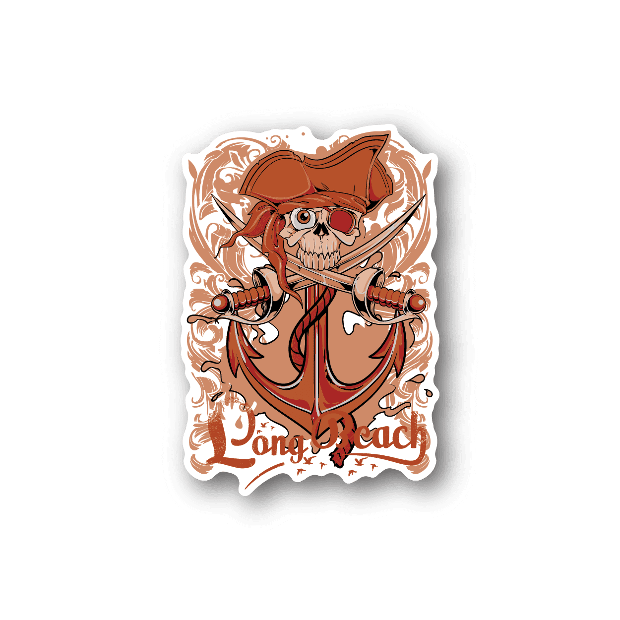 Pirate skull vinyl sticker with orange bandana and crossed swords, Long Beach text