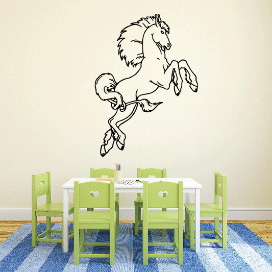 Horse decal with long curly tail, black line art silhouette