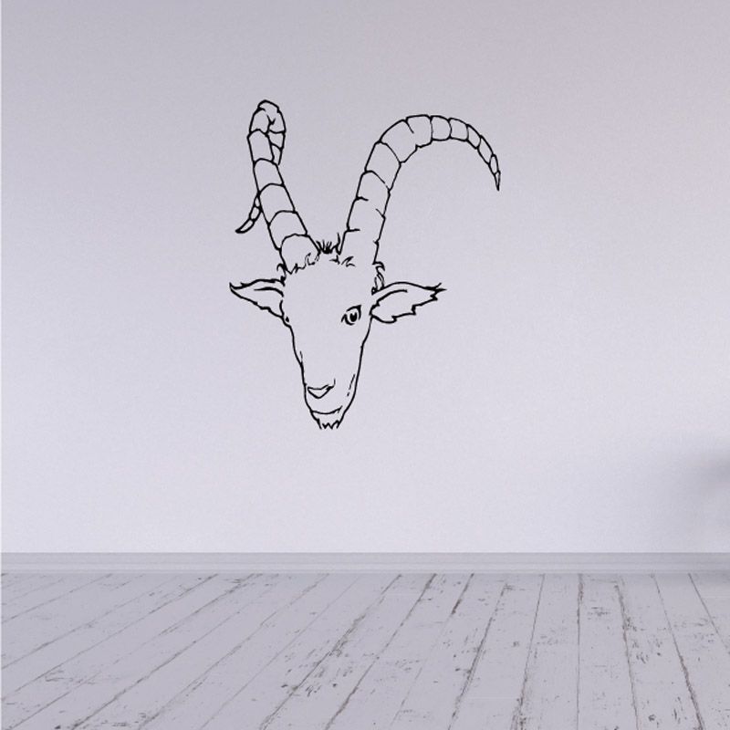 Black line-art long horn billy goat head decal with curved horns and beard