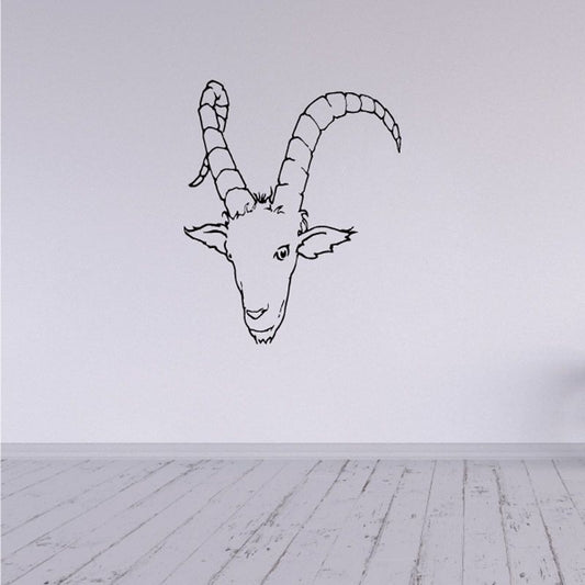 Black line-art long horn billy goat head decal with curved horns and beard