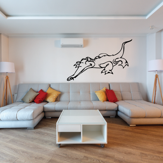 Long-nosed dinosaur wall decal, black line art on white surface