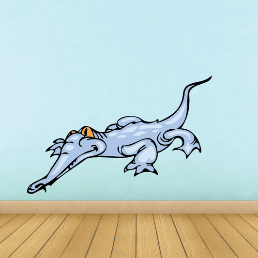 Long-snouted dinosaur sticker, blue with black outline and long tail