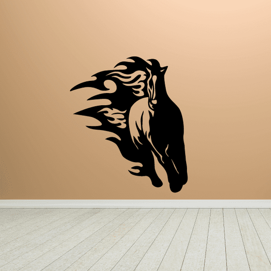 Long-tailed horse decal in black, detailed head with flowing mane silhouette