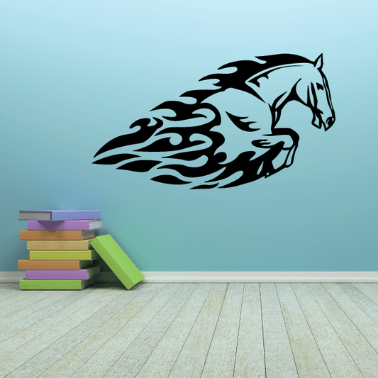 Stylized horse walking wall decal with flame details, black and teal