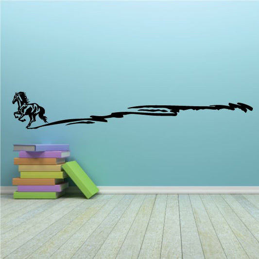 Long trail running horse wall decal, black silhouette with sweeping trail line