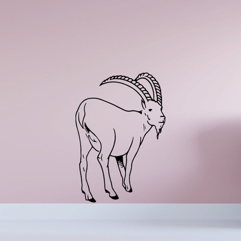 Goat outline decal sticker with curved horns and looking-back pose
