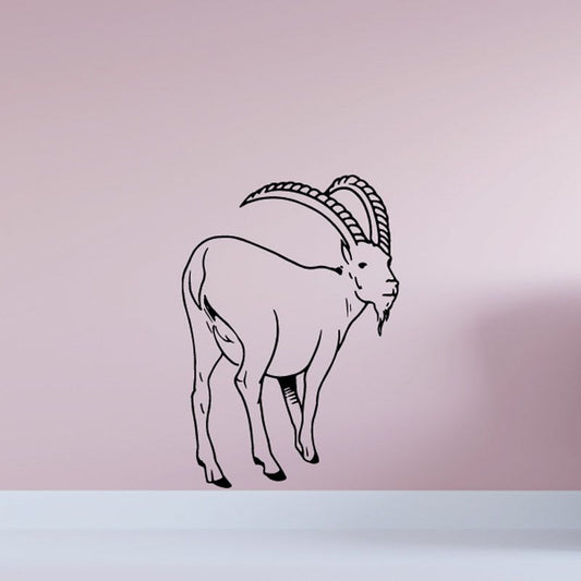 Goat outline decal sticker with curved horns and looking-back pose