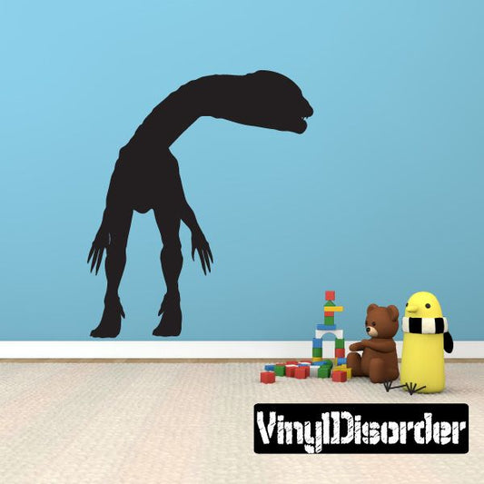 Looking Dilophosaurus decal, dark dinosaur silhouette with open mouth