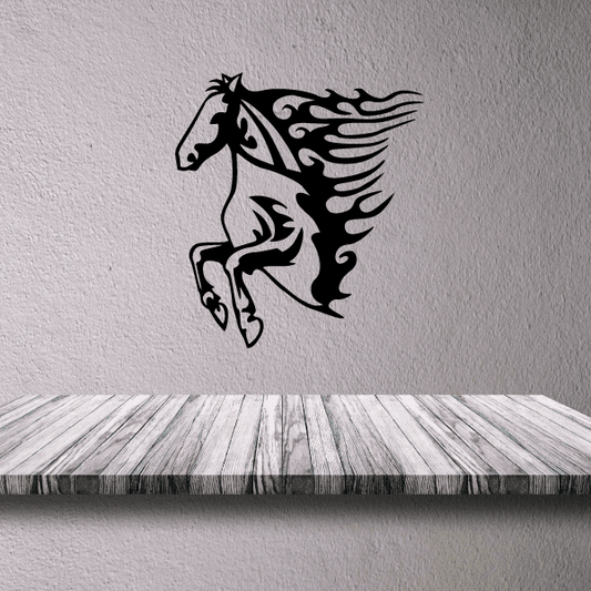 Horse head decal with winglike flame swirls