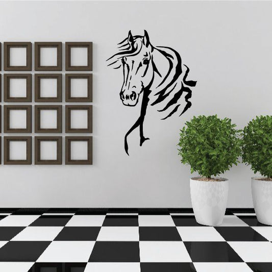 Zebra-striped horse head wall decal, black silhouette