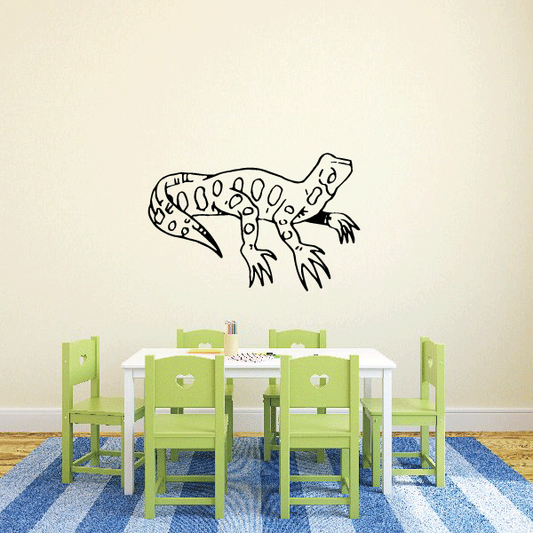 Leopard gecko decal, black line art with dotted spots, facing upward.