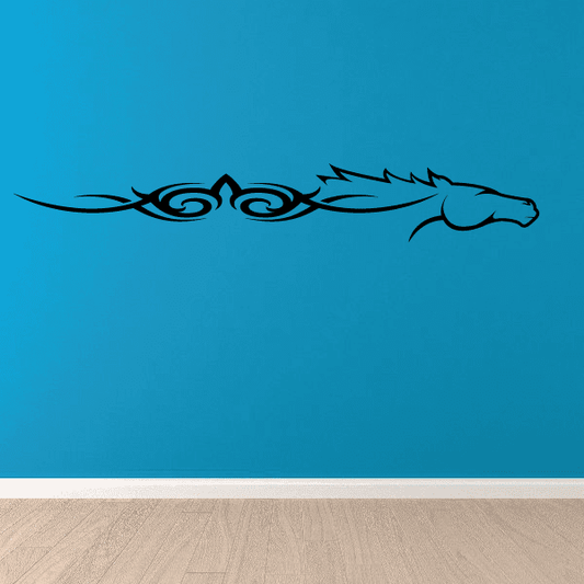 Horse head tribal swirl decal in dark ink, looping mane lines
