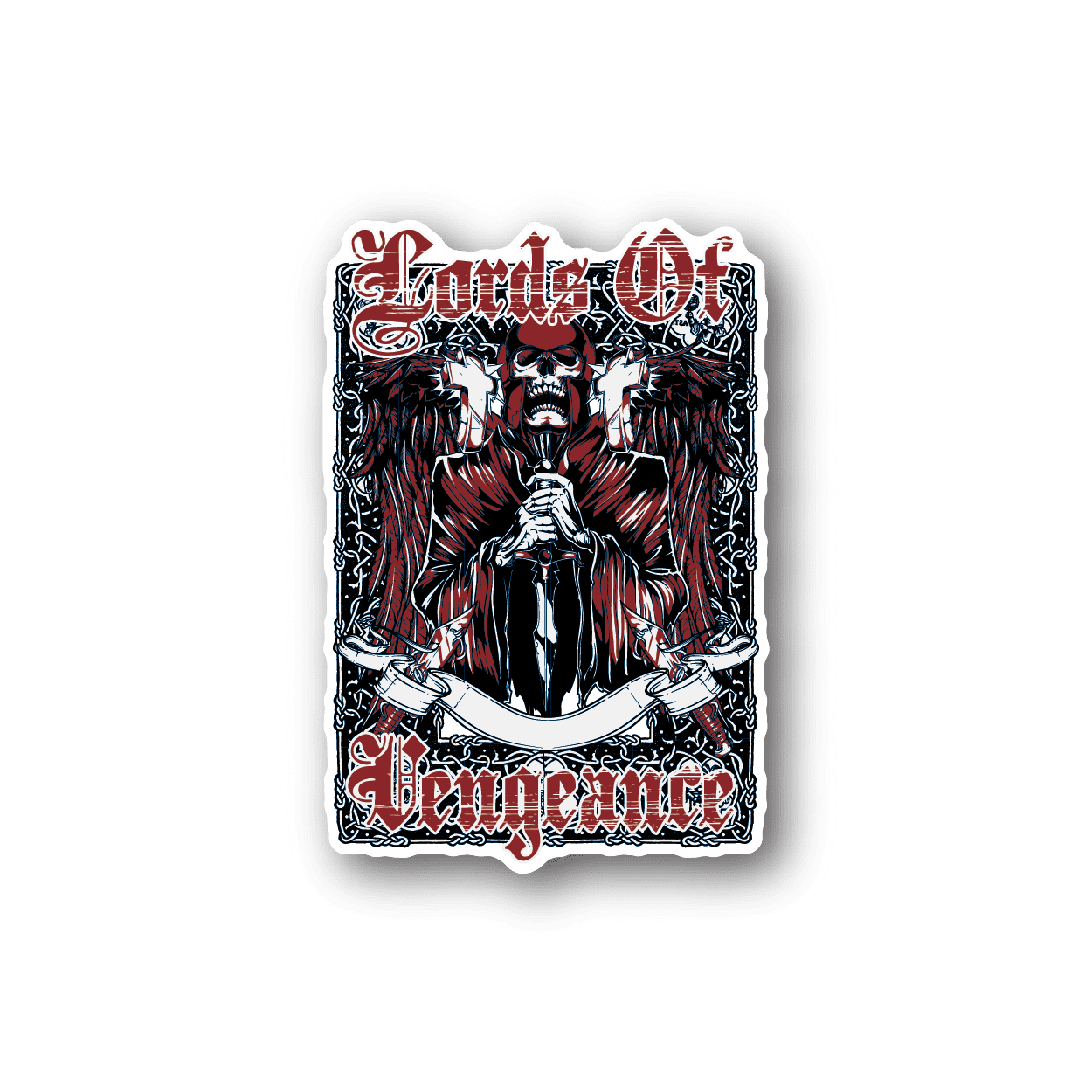 Grim reaper vinyl sticker, red and black gothic character illustration