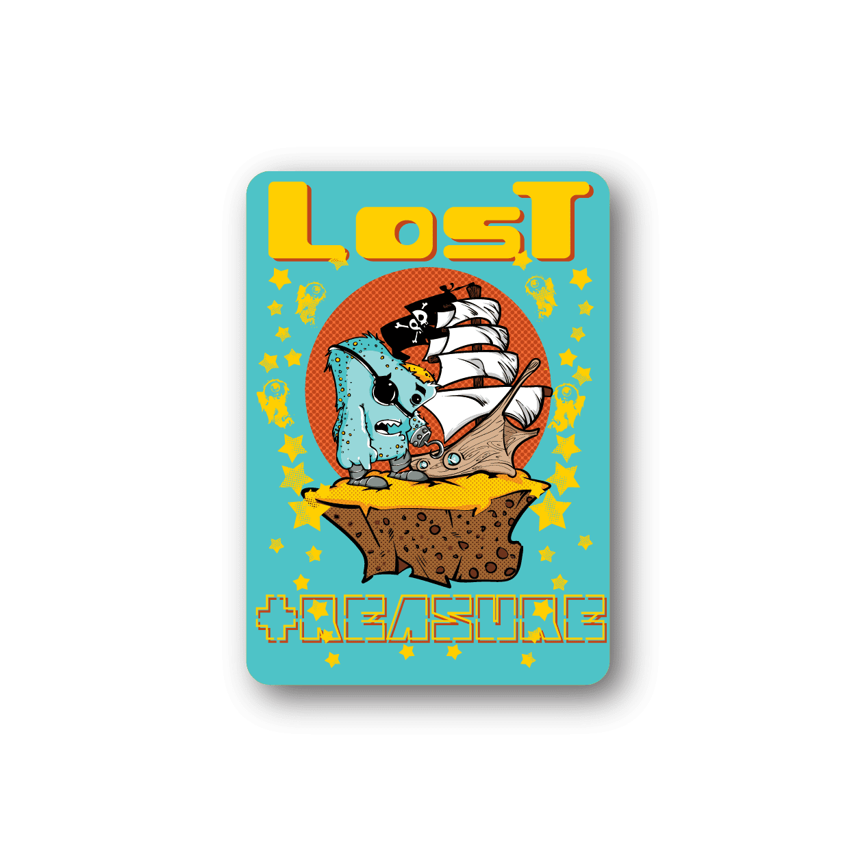 Pirate ship vinyl sticker with Lost Treasure text and cartoon treasure map