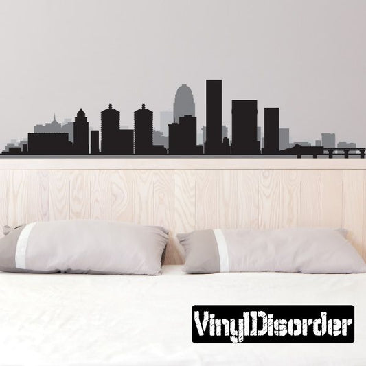 Louisville skyline wall decal, black and gray city silhouette with tall buildings
