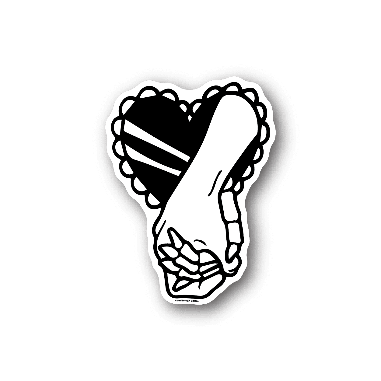 Heart-shaped vinyl sticker with white skeleton hand illustration