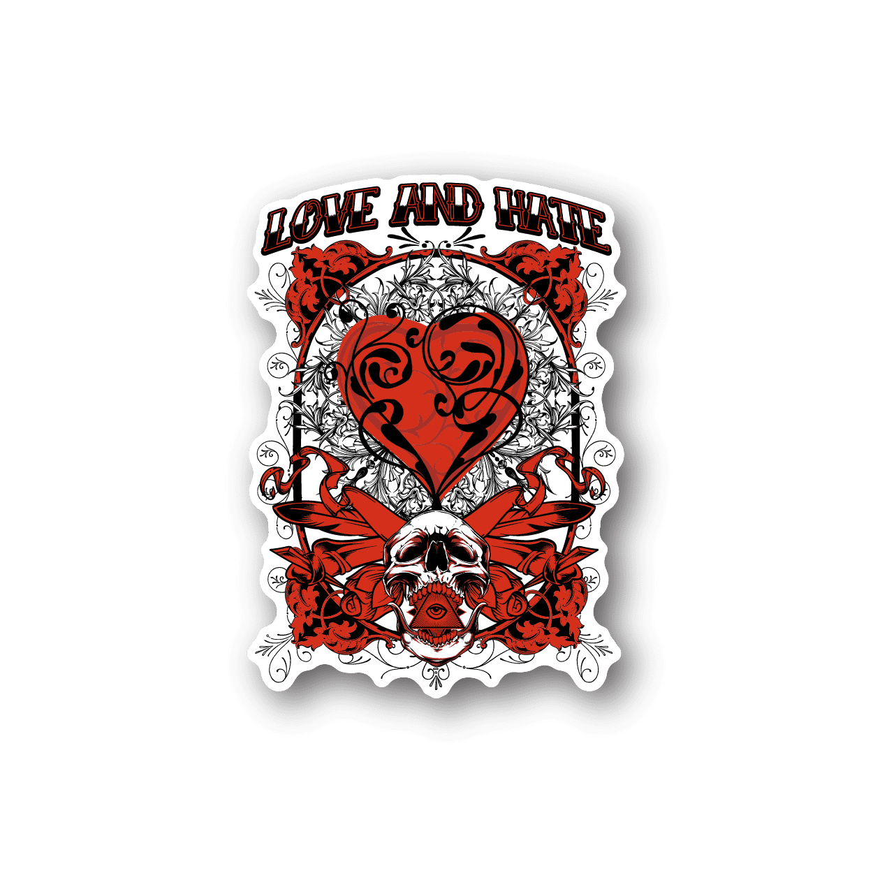 Skull vinyl sticker with red heart, roses, and flames in white and black
