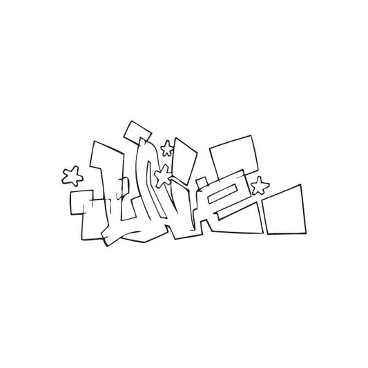 Graffiti love decal in black line art with stars and heart shapes