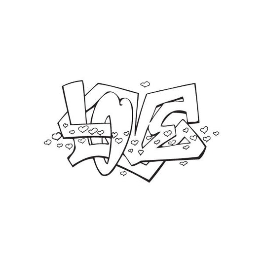 Love graffiti decal with heart doodles, black outlines on transparent background