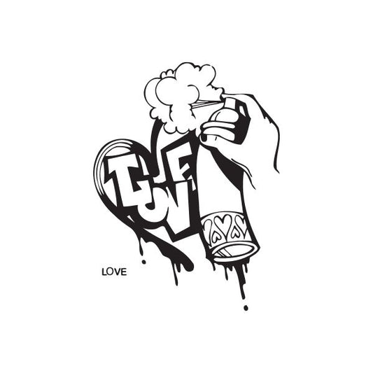 Graffiti heart decal with LOVE text and spray paint drips, hand holding can